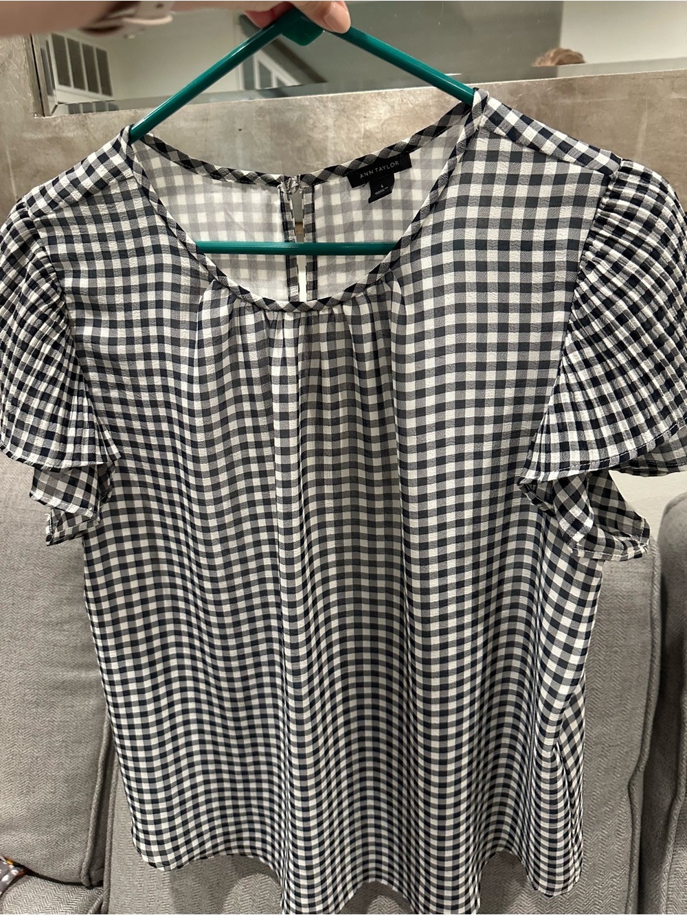 Ann Taylor Black & White Gingham Ruffle-Sleeve Blouse